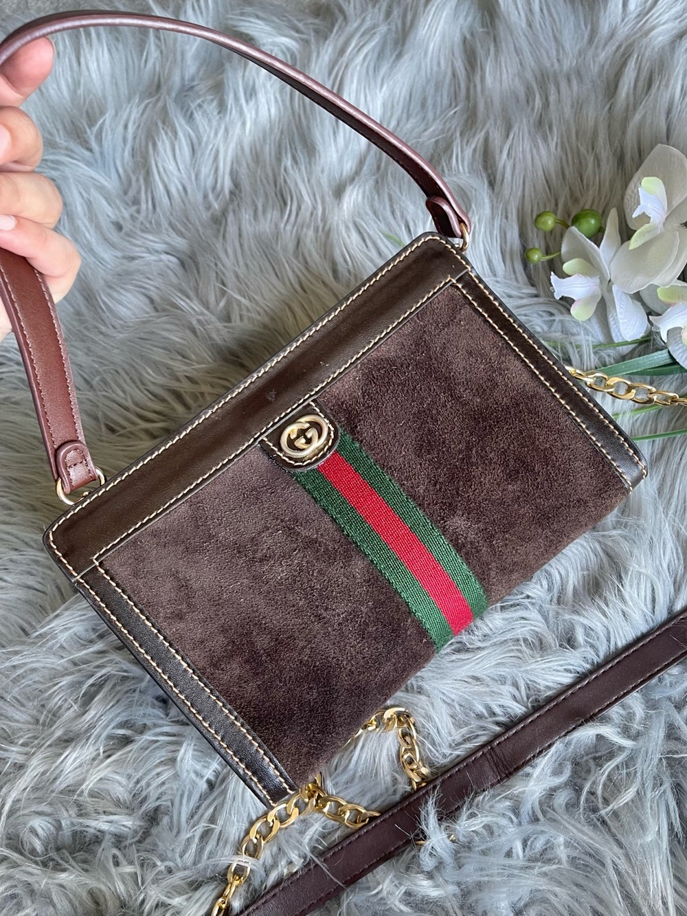 Authentic Gucci vintage web sherry line accessory pouch bag suede brown